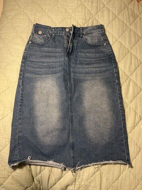 Allegra K Blue Washed High-Waist Midi Denim Skirt